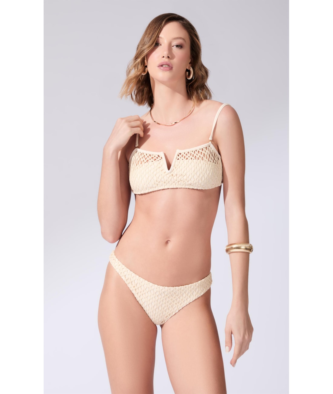 Biquíni Bustiê Decote V Mesh Lurex Natural