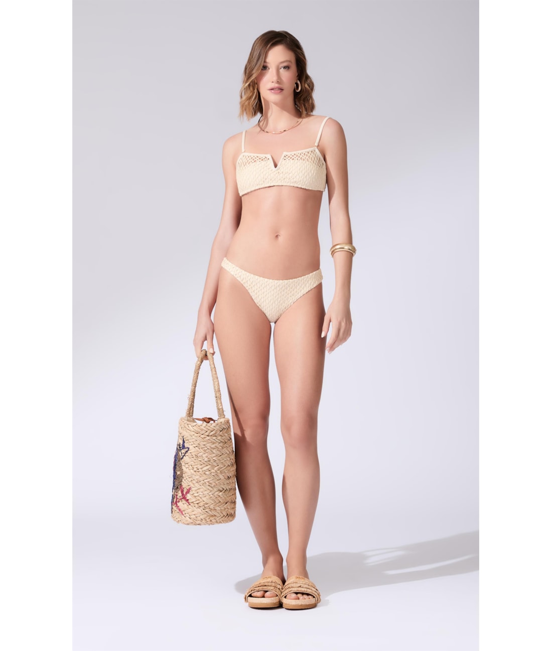 Biquíni Bustiê Decote V Mesh Lurex Natural