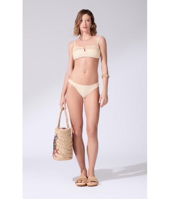 Biquíni Bustiê Decote V Mesh Lurex Natural