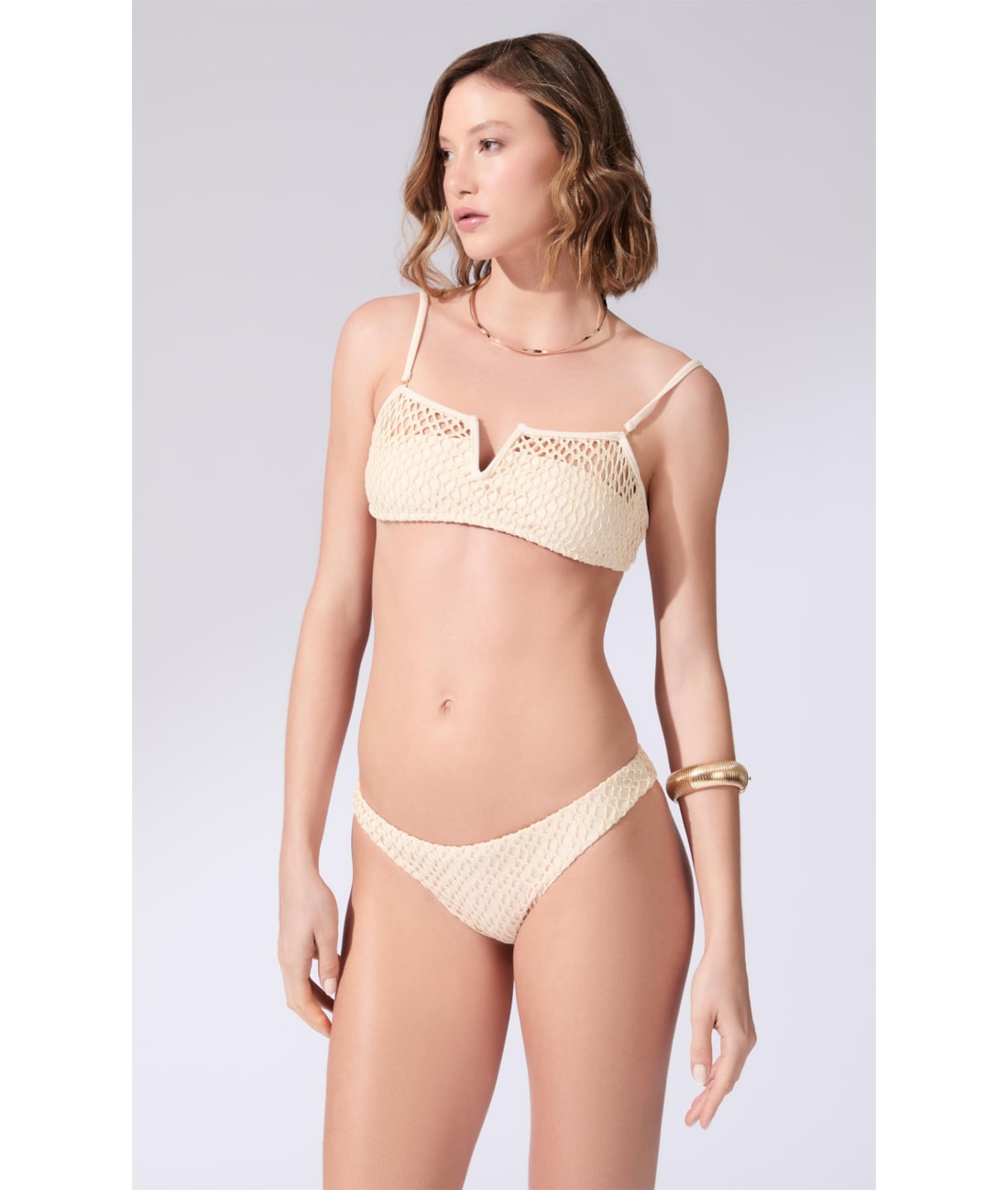 Biquíni Bustiê Decote V Mesh Lurex Natural
