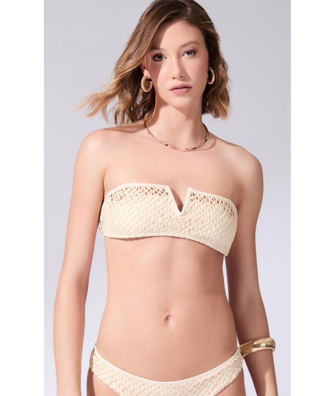 Biquíni Bustiê Decote V Mesh Lurex Natural