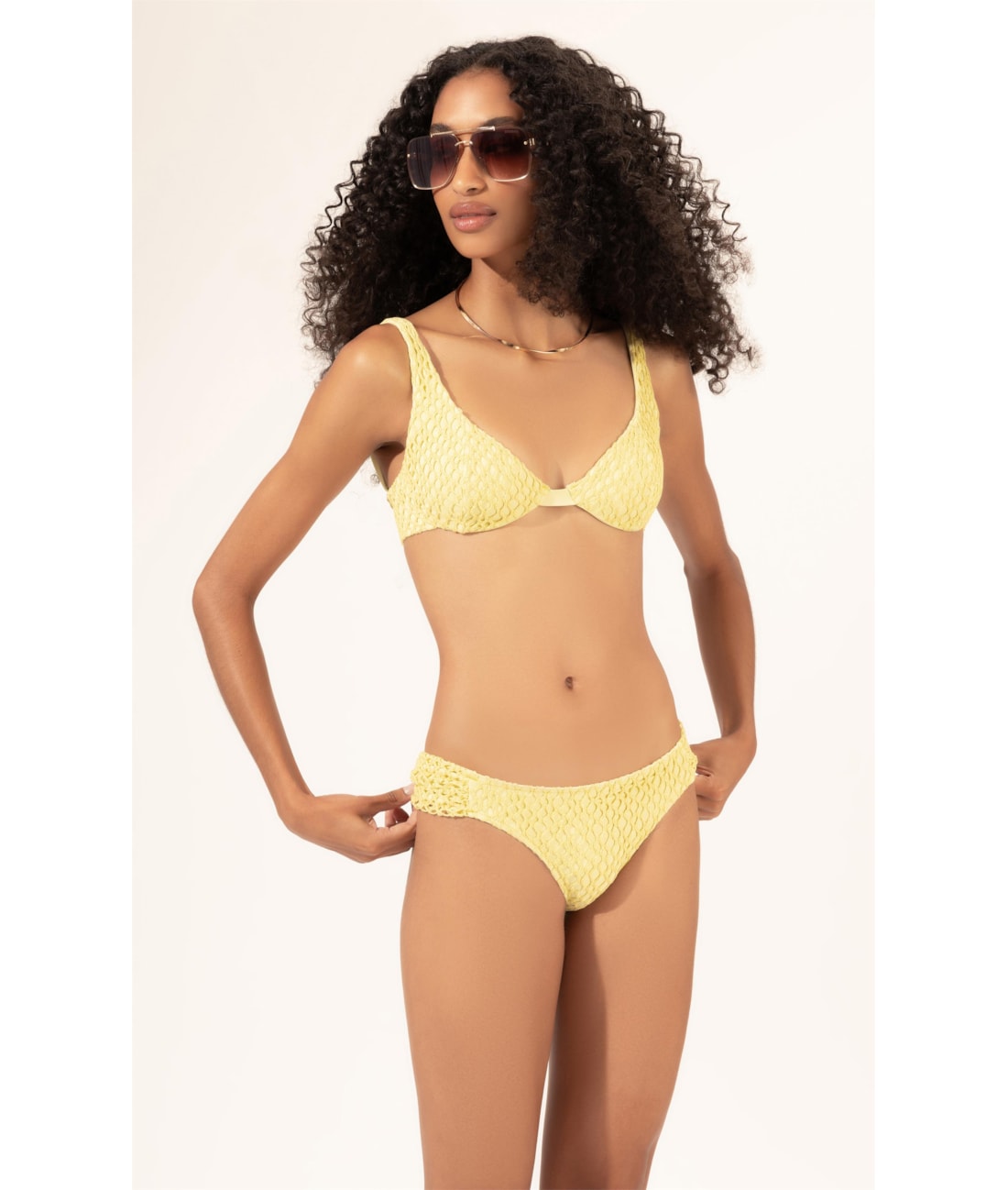 Biquíni Meia Taça Recorte MESH LUREX Amarelo Claro
