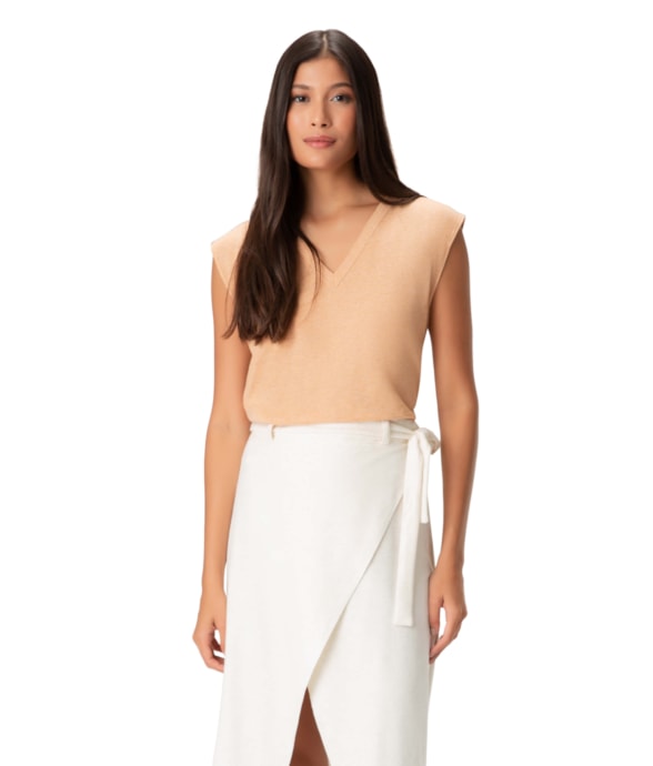 Blusa Barra Aplicada Cotton Linho Bege