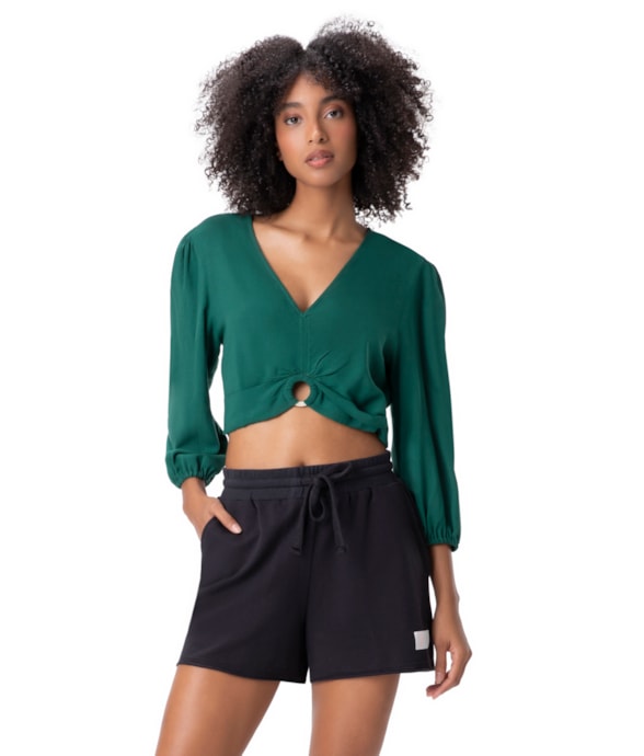 Blusa Com Argola Linho Verde Escuro