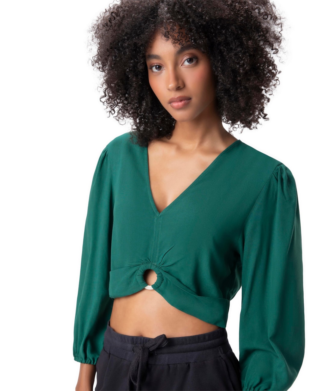 Blusa Com Argola Linho Verde Escuro