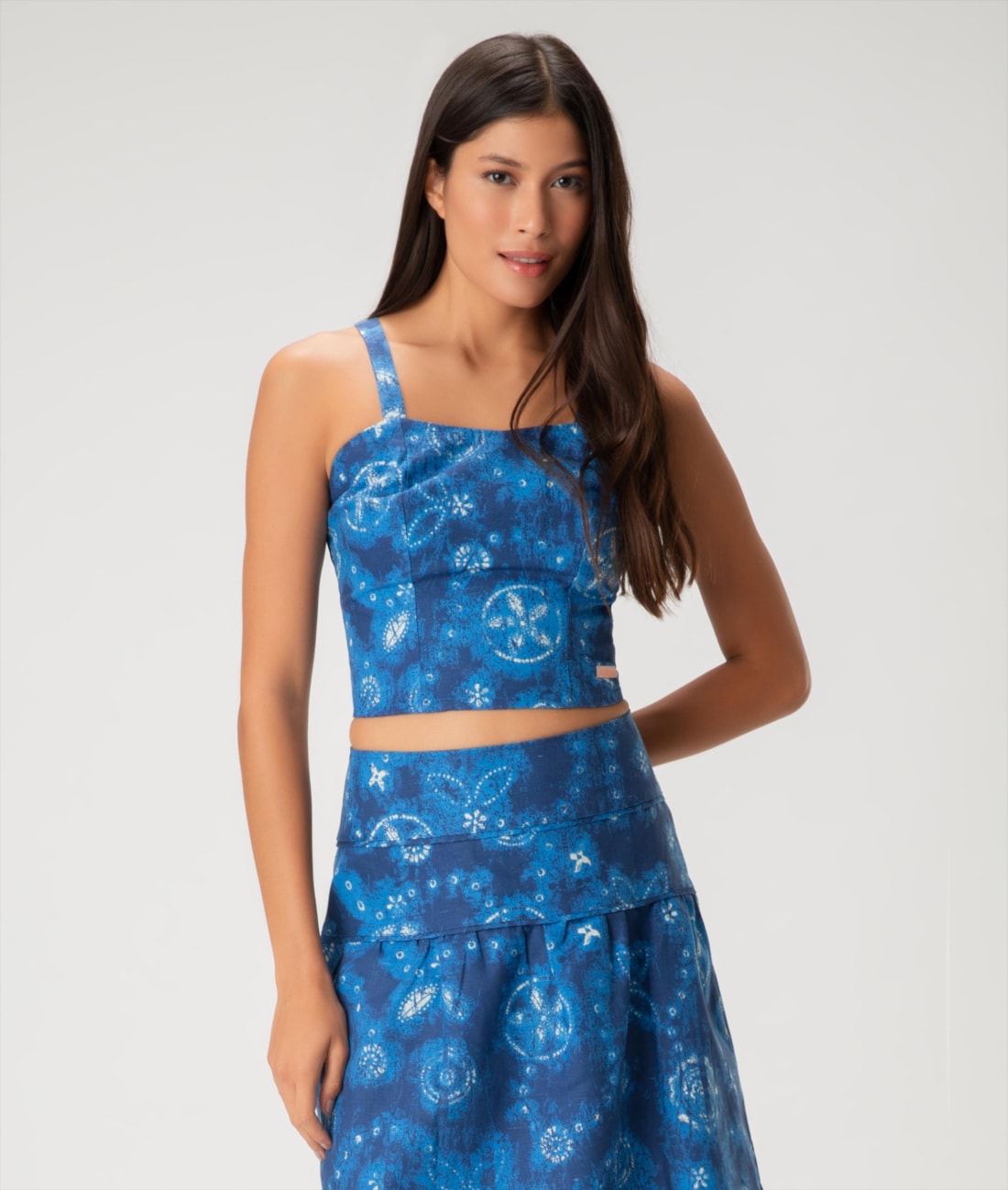 Blusa Cropped Linen Print Azul Bic