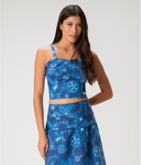 Blusa Cropped Linen Print Azul Bic