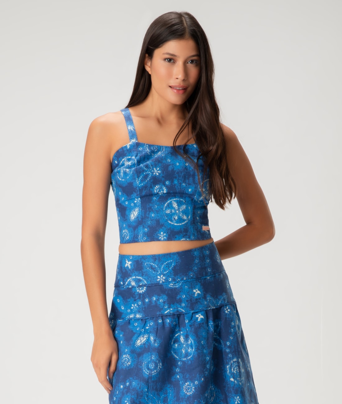 Blusa Cropped Linen Print Azul Bic