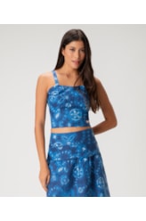 Blusa Cropped Linen Print Azul Bic