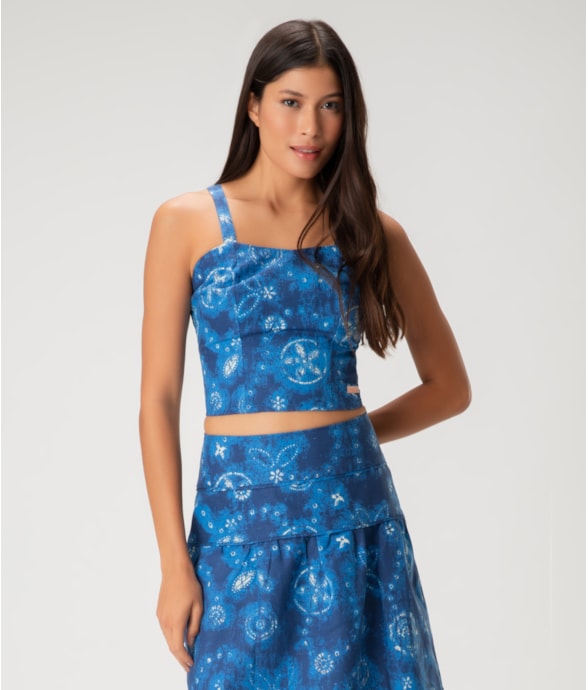 Blusa Cropped Linen Print Azul Bic