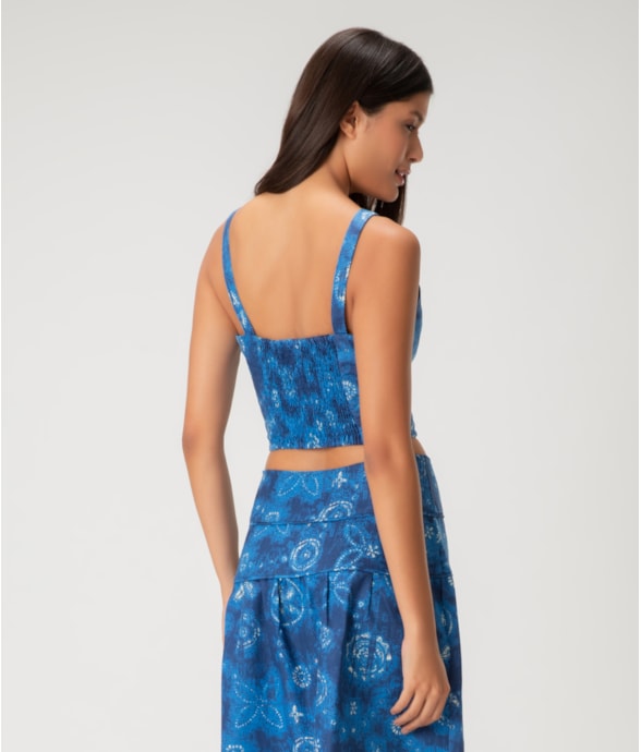 Blusa Cropped Linen Print Azul Bic
