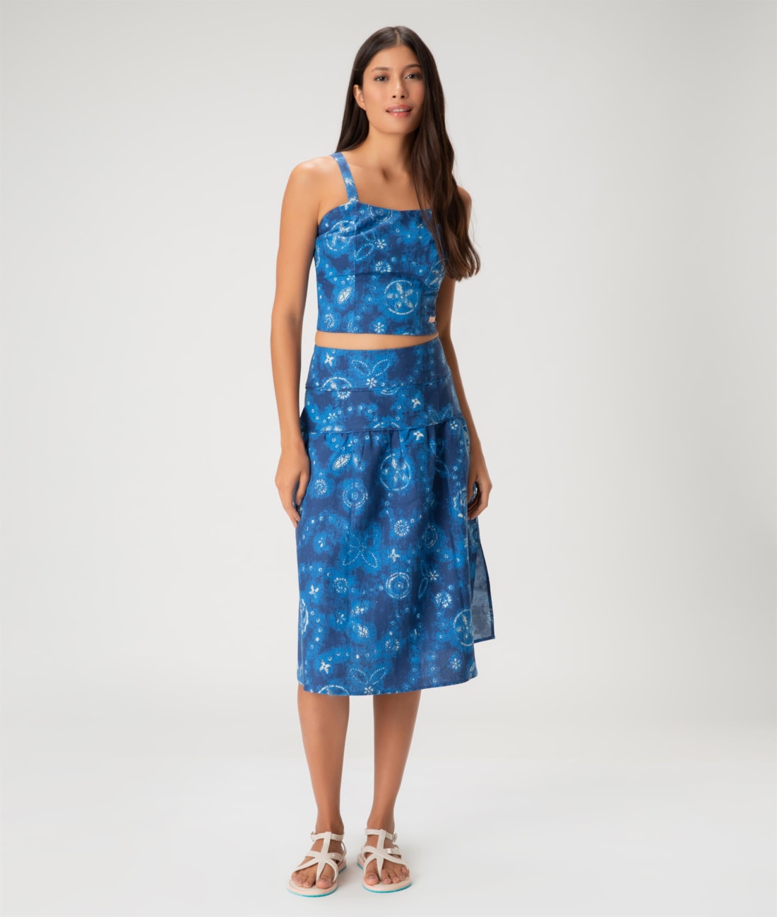 Blusa Cropped Linen Print Azul Bic