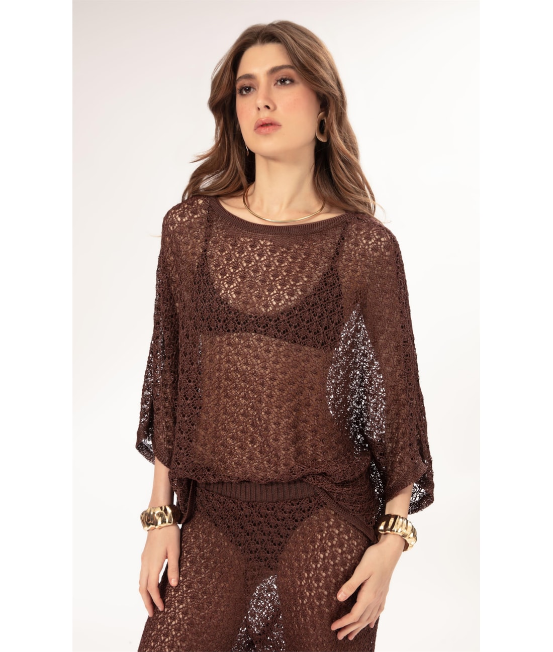 Blusa Dec v Tricot Nice Marrom
