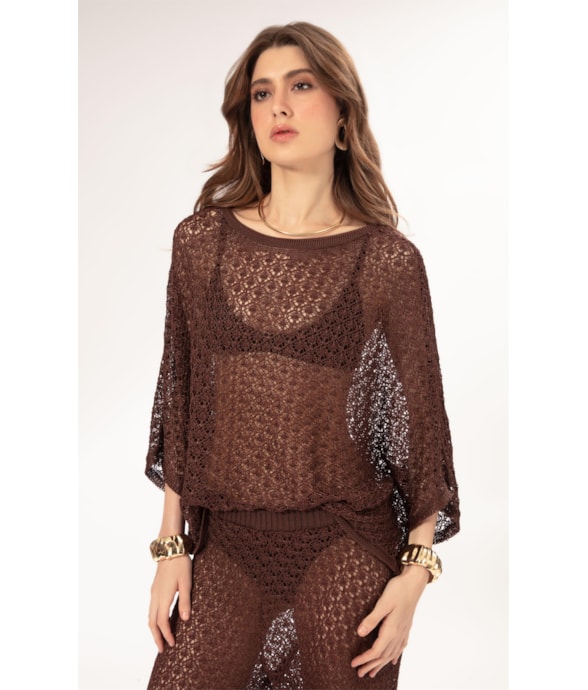 Blusa Dec v Tricot Nice Marrom