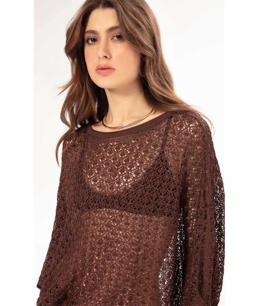 Blusa Dec v Tricot Nice Marrom