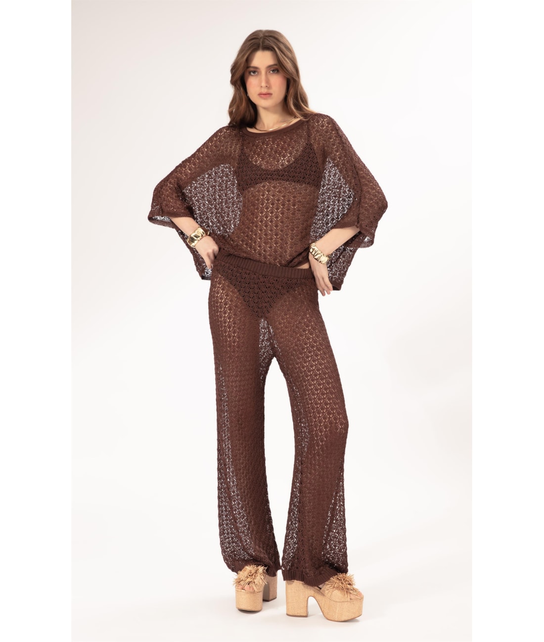 Blusa Dec v Tricot Nice Marrom