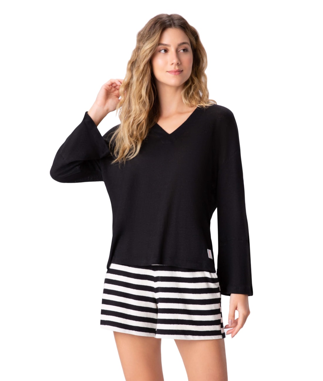 Blusa Decote v Tricot Stripes Preto