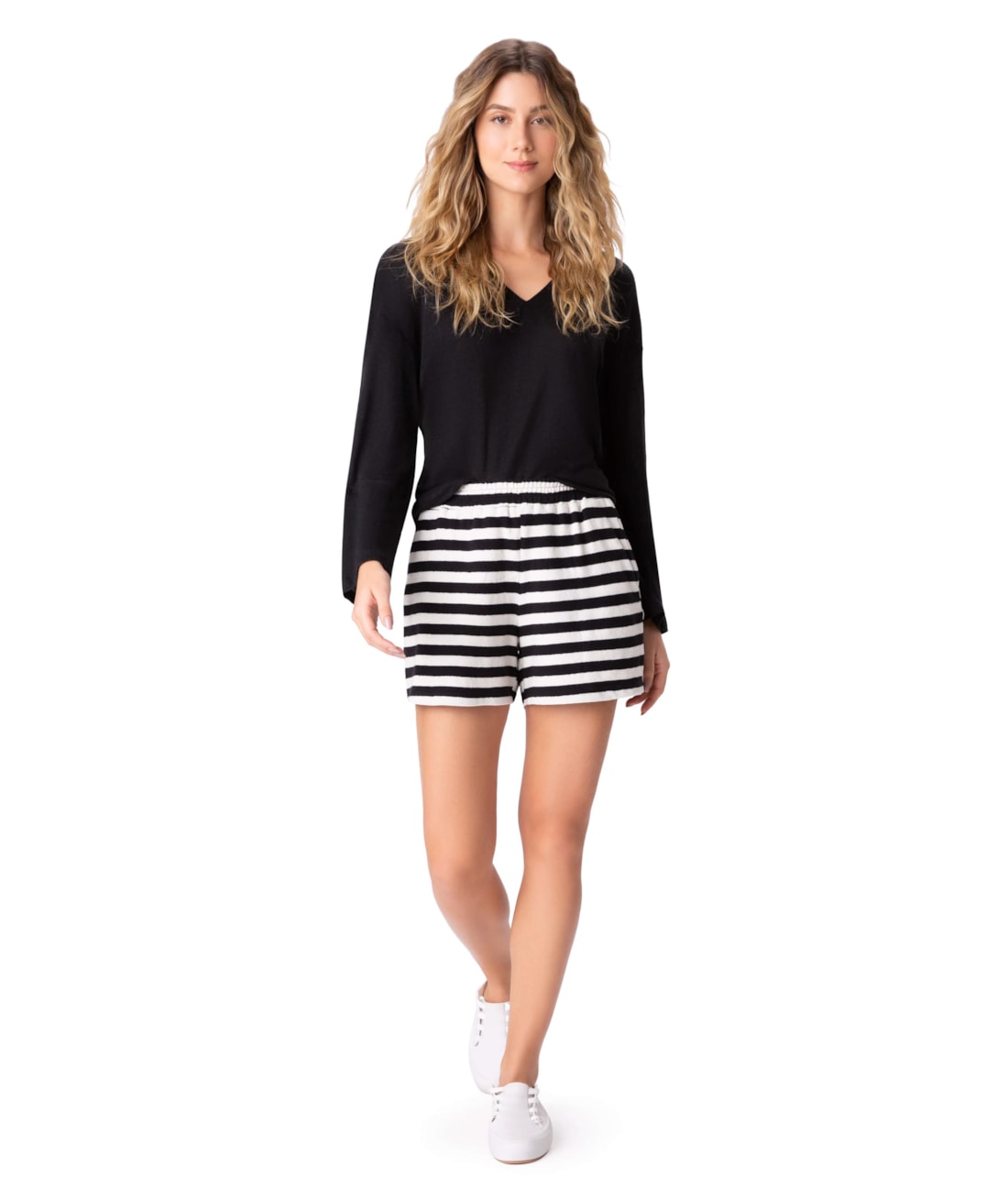 Blusa Decote v Tricot Stripes Preto
