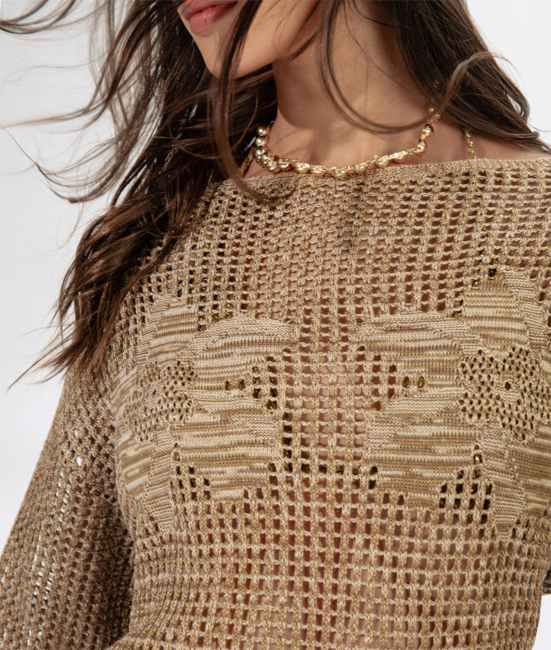 Blusa Flor Jacquard Areia