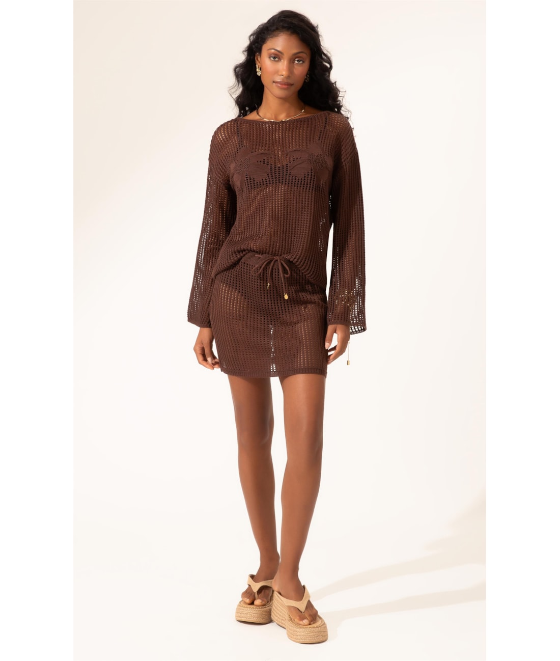 Blusa Flor Jacquard Marrom