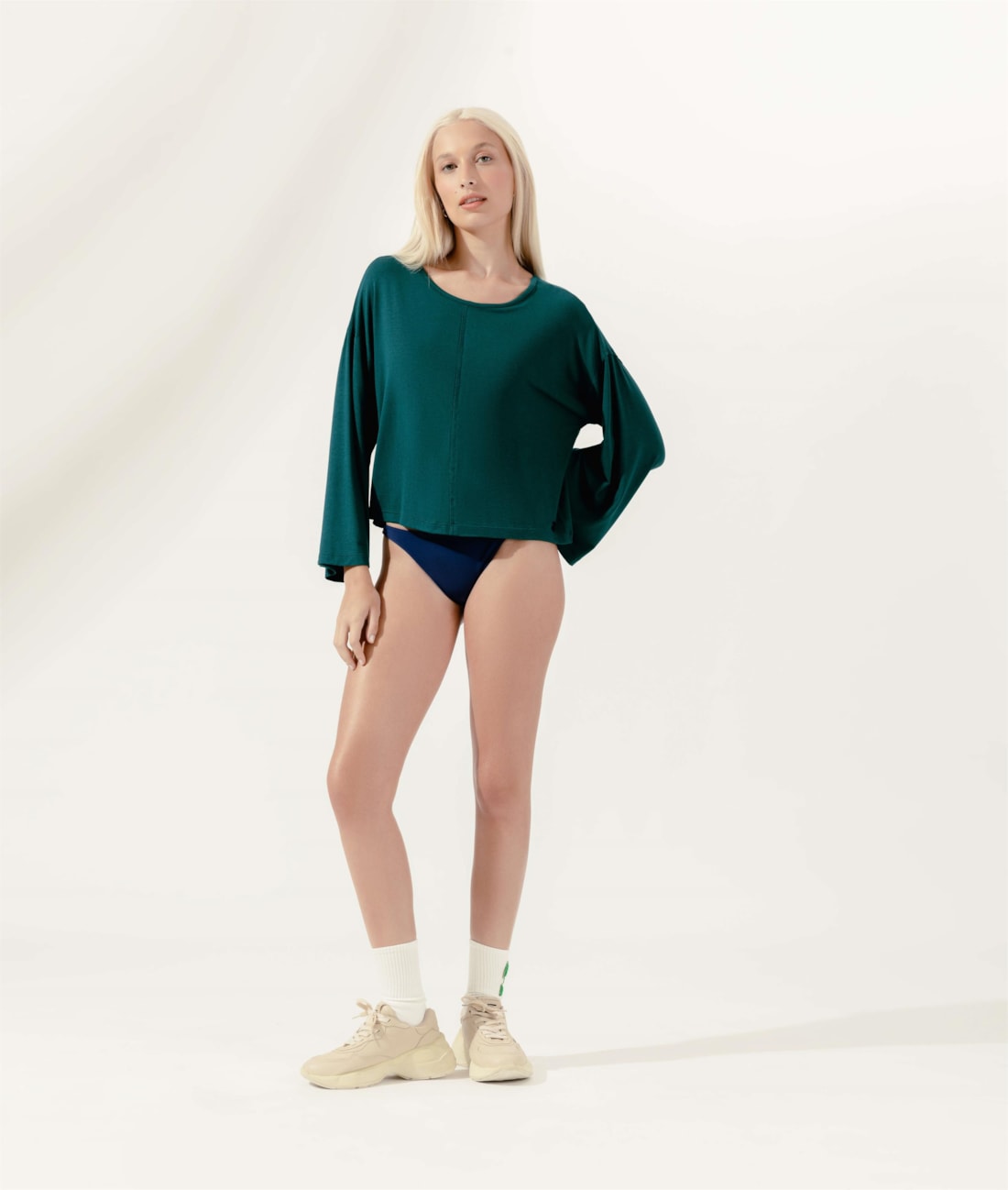 Blusa Manga Longa Malha Crepe Slim Verde Escuro