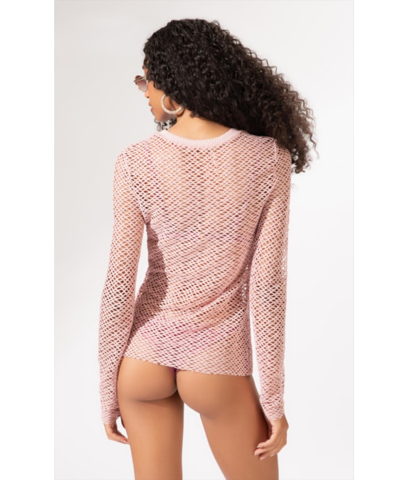 Blusa Manga Longa Mesh Lurex Rosê