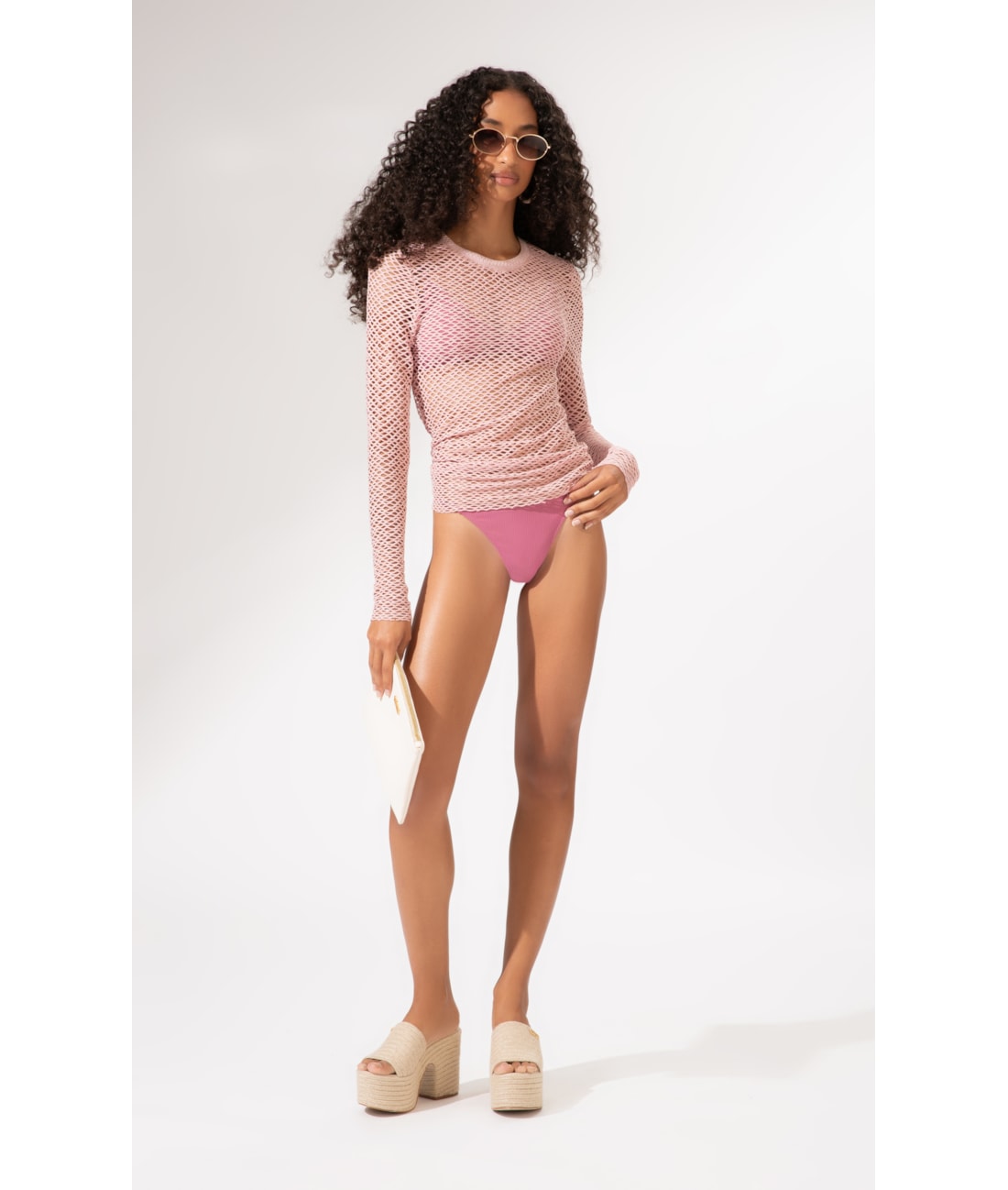 Blusa Manga Longa Mesh Lurex Rosê