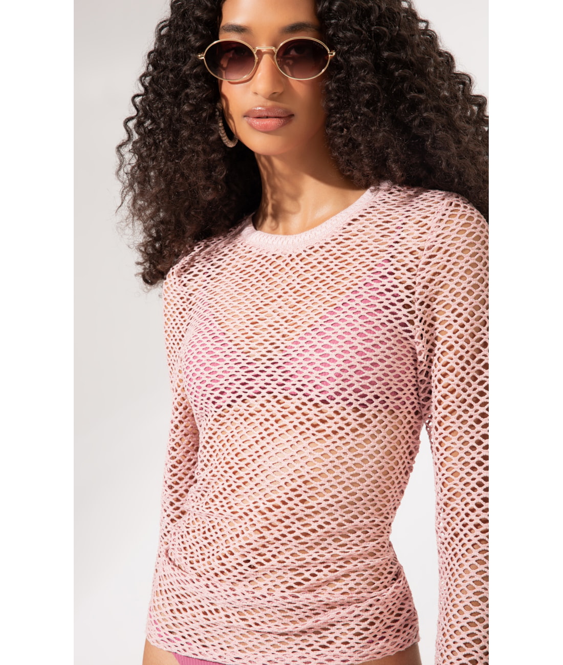 Blusa Manga Longa Mesh Lurex Rosê