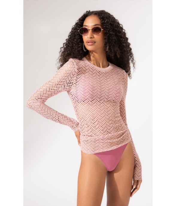 Blusa Manga Longa Mesh Lurex Rosê