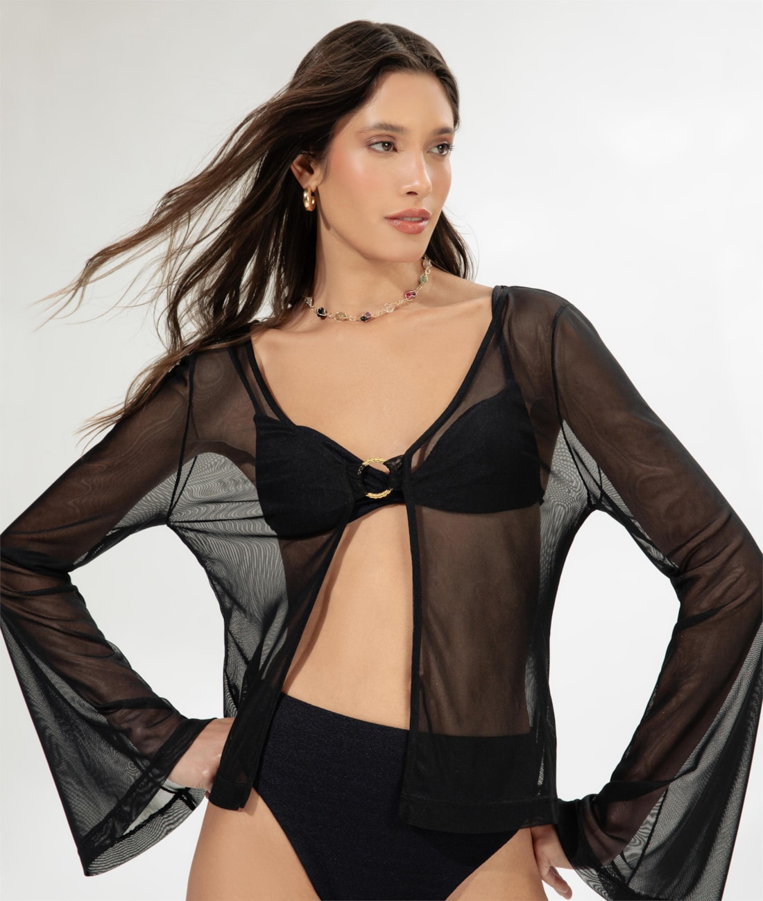 Blusa Manga Longa Tule Preto