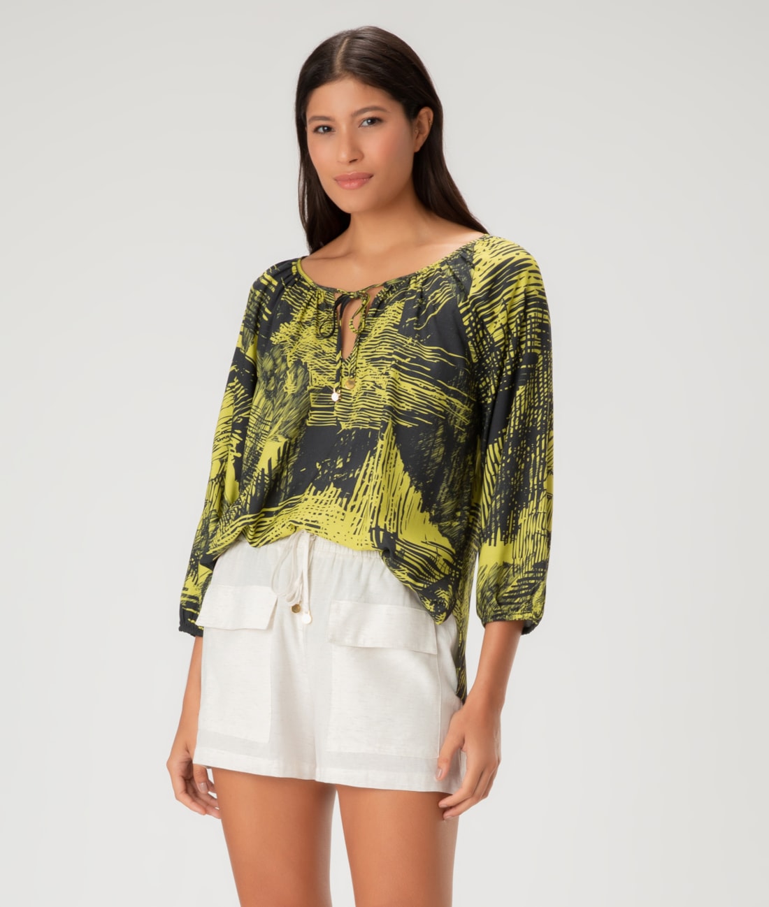 Blusa Rolotês Viscose Print Amarelo Limao