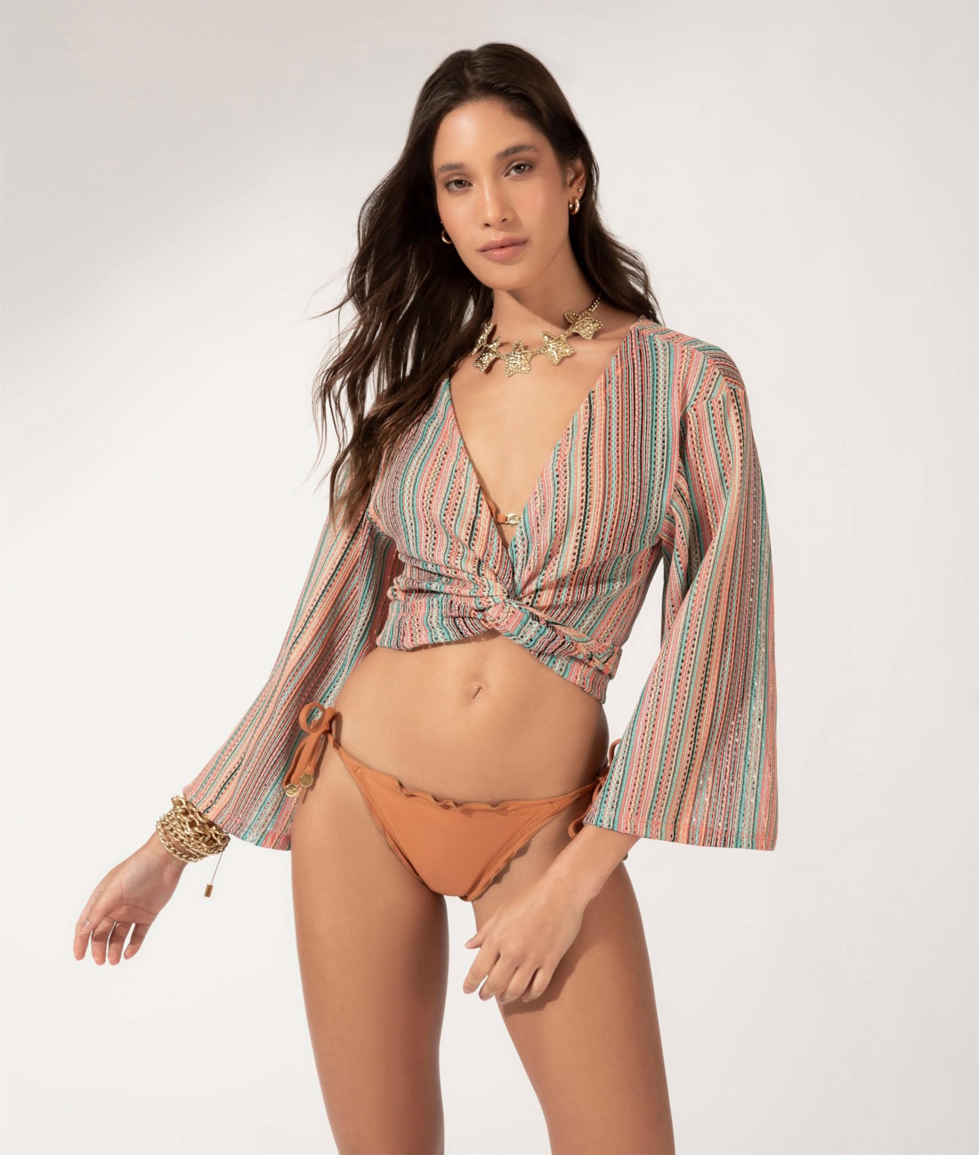 Blusa Transpasse Malha Crochê Natural