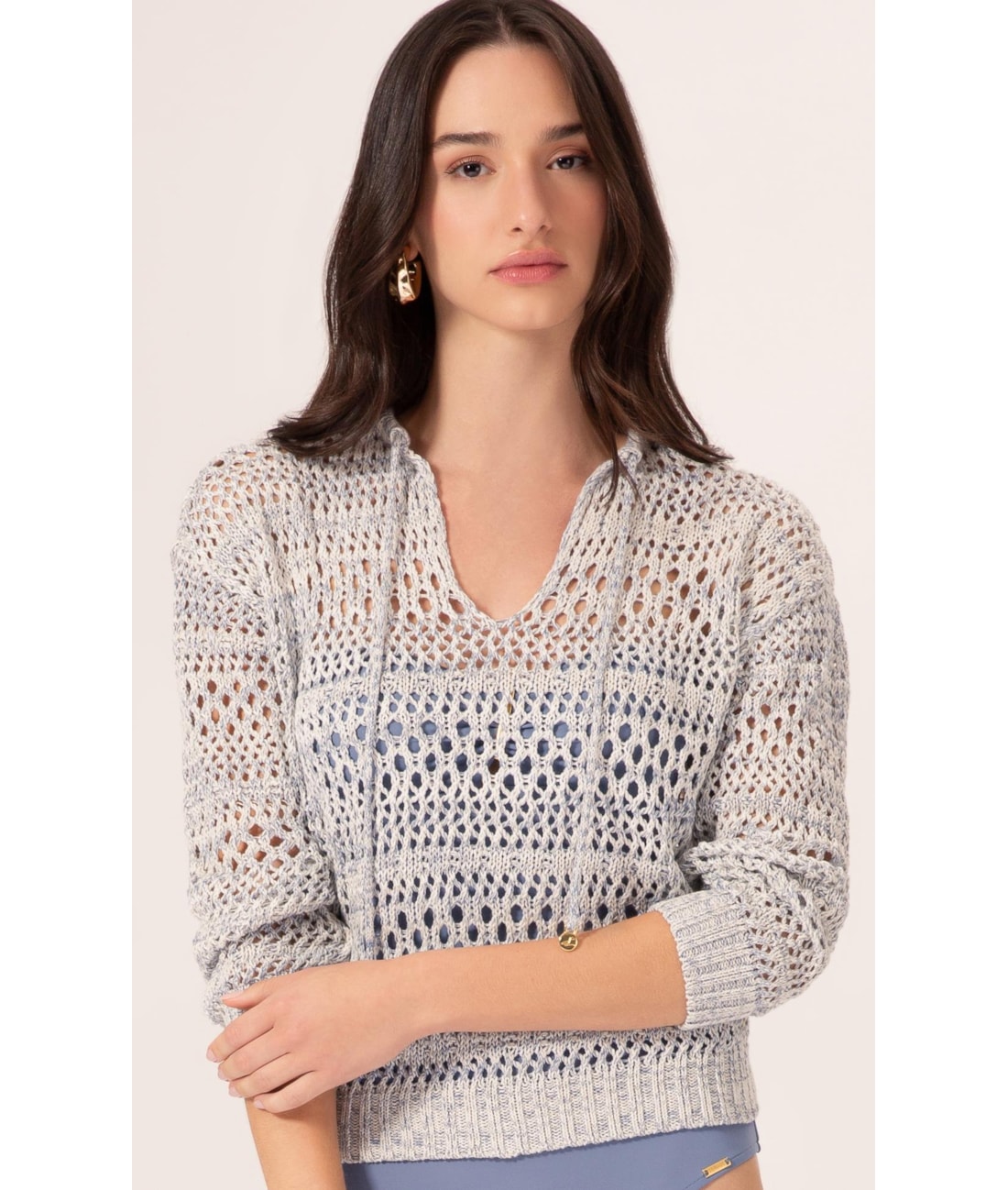 Blusa Tricot Mesh Mescla Azul Jeans Mescla