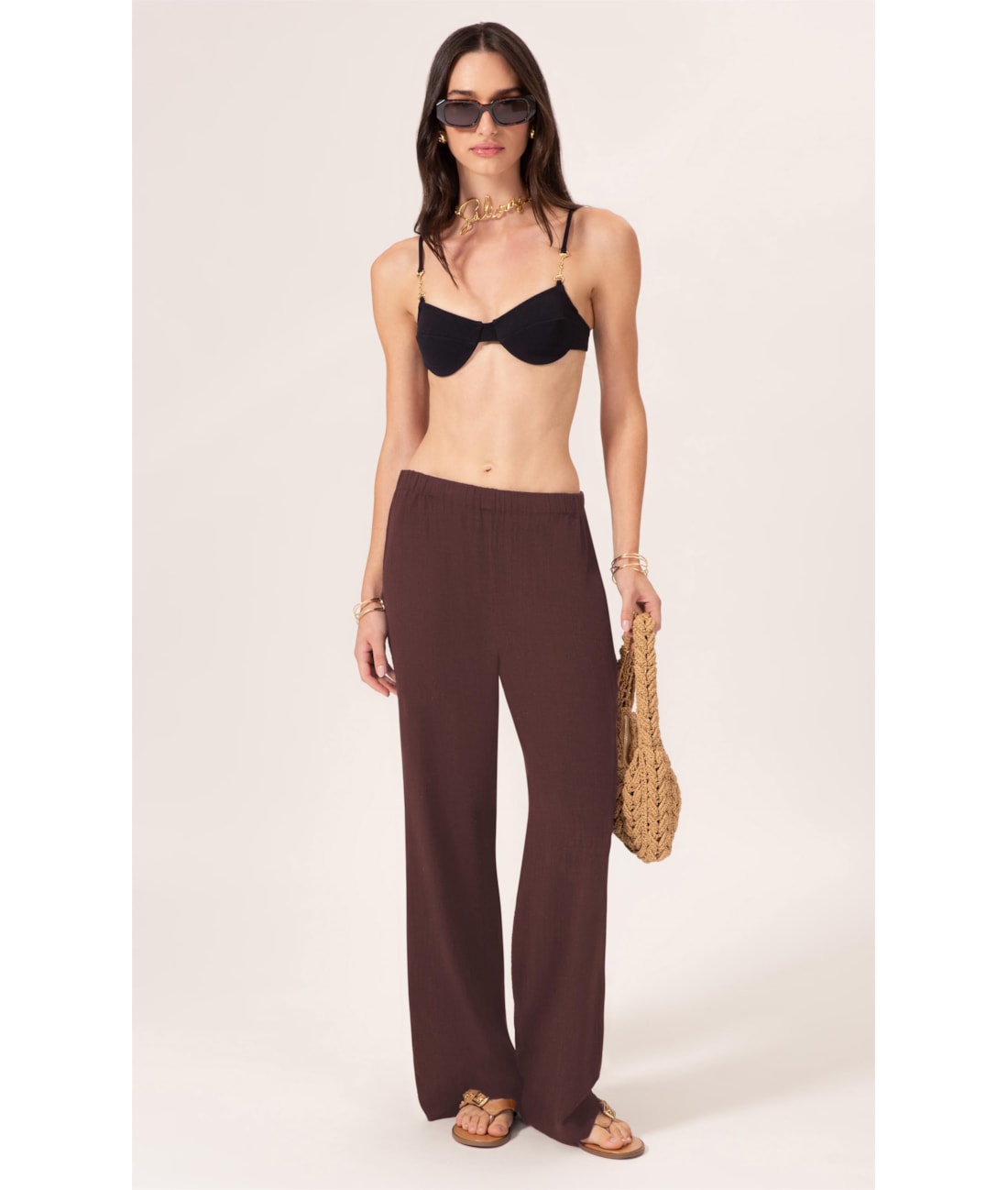 Calça Reta Cotton Plage Marrom