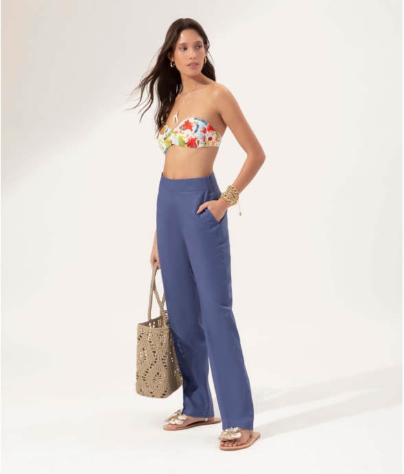 Calça Reta Linho Blend Azul Bic