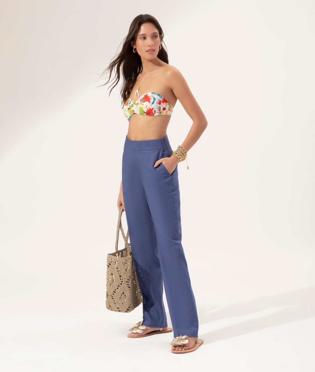 Calça Reta Linho Blend Azul Bic