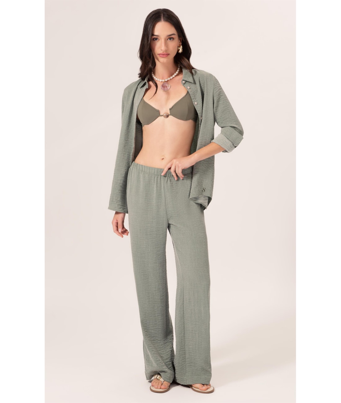 Calça Reta Visco Nuance Verde Militar