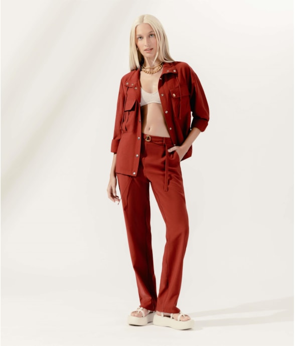 Calça Reta Visco Trench Vinho