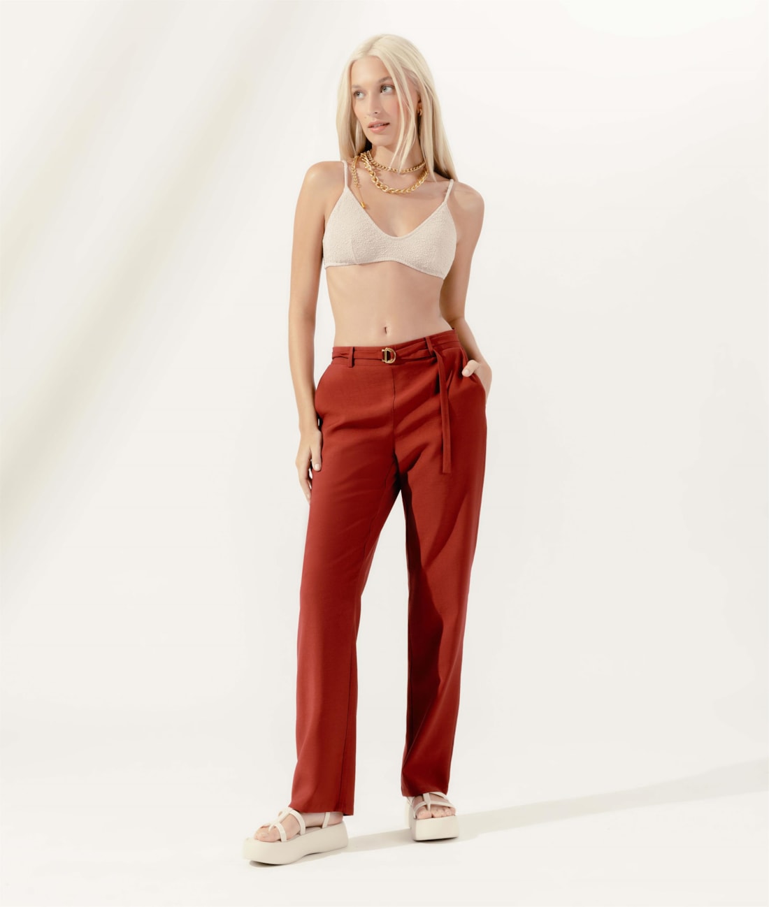 Calça Reta Visco Trench Vinho