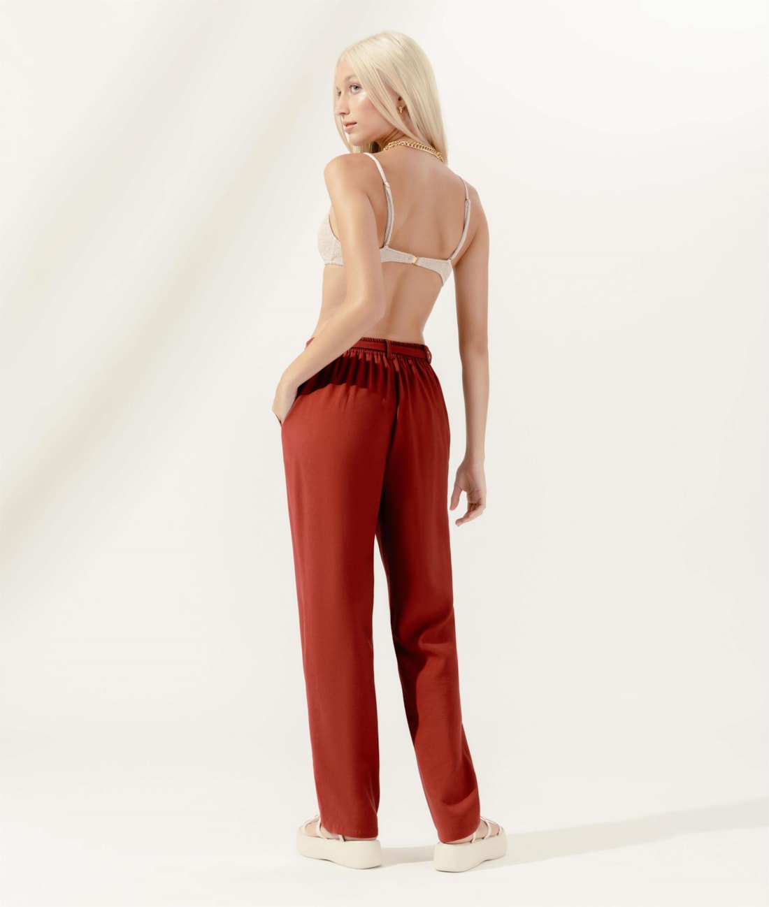 Calça Reta Visco Trench Vinho