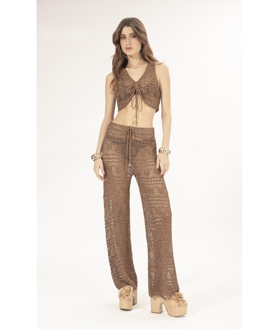 Calca Tricot Lurex Rendado Caramelo