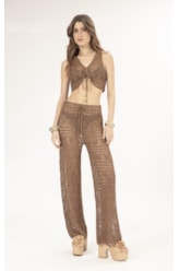 Calca Tricot Lurex Rendado Caramelo