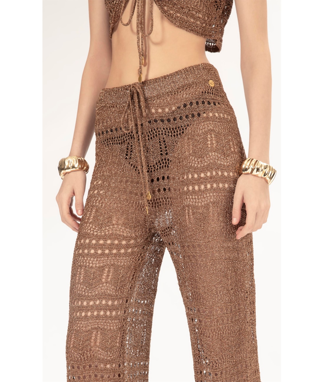 Calca Tricot Lurex Rendado Caramelo