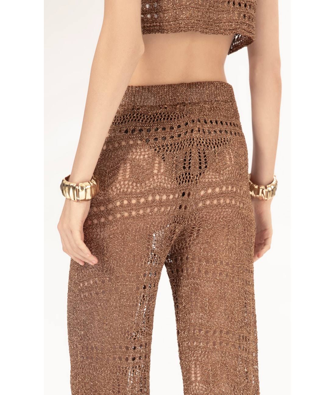 Calca Tricot Lurex Rendado Caramelo