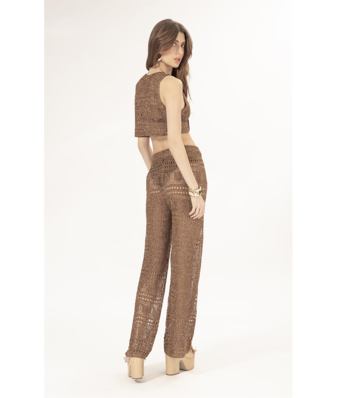 Calca Tricot Lurex Rendado Caramelo