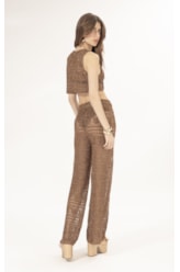 Calca Tricot Lurex Rendado Caramelo