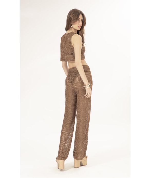 Calca Tricot Lurex Rendado Caramelo
