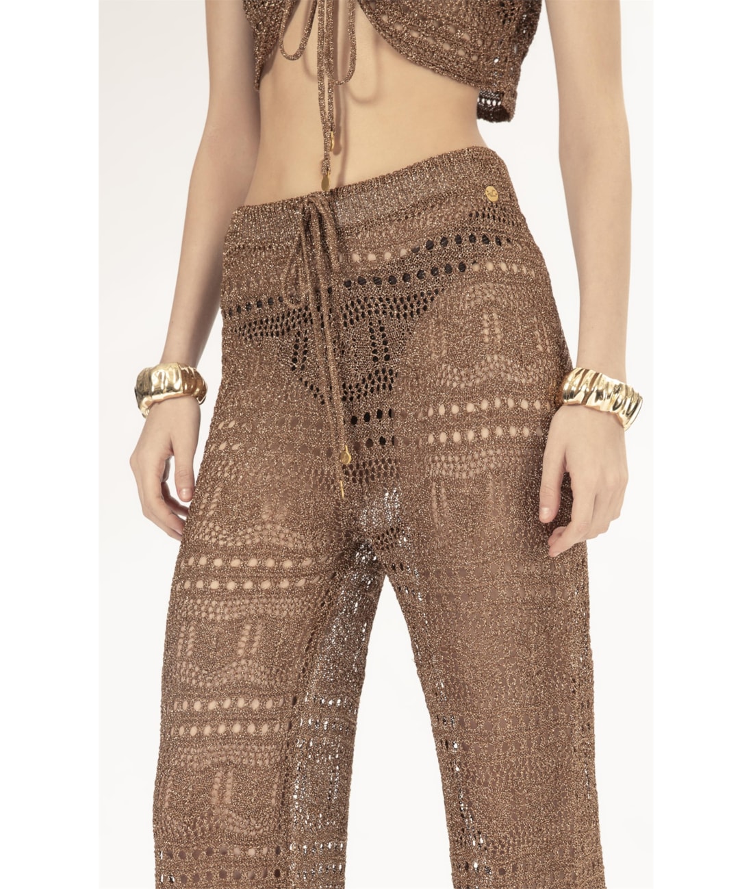 Calca Tricot Lurex Rendado Caramelo