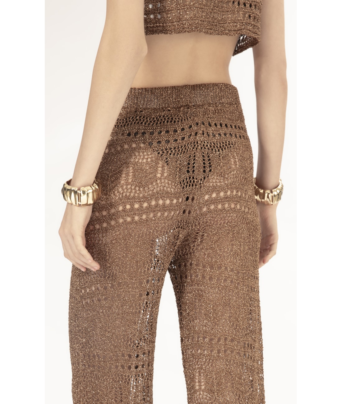 Calca Tricot Lurex Rendado Caramelo
