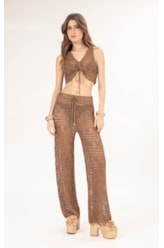 Calca Tricot Lurex Rendado Caramelo